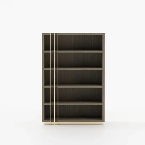 An empty modern bookshelf with black shelves and a light wood Book Shelving on a white background.