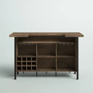 Wooden Bar counter sideboard with shelves, wine rack, and hanging glass holders on a plain background.