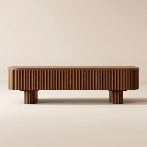 A modern brown slatted wooden Coffee Table against a beige background.