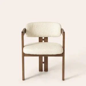 A modern chair with a wooden frame and cream-colored upholstered cushions.