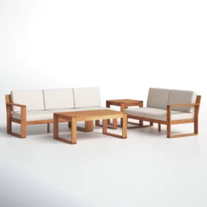 Get your backyard party-ready with this 4-piece conversation set. It's crafted from solid wood, and it comes with a sofa, armchair, side table, and coffee table. This set seats five people