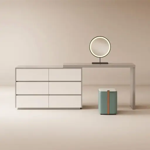 Minimalist furniture set with a white Makeup Vanity cabinet, sleek desk, round mirror, and small green upholstered stool against a beige background.