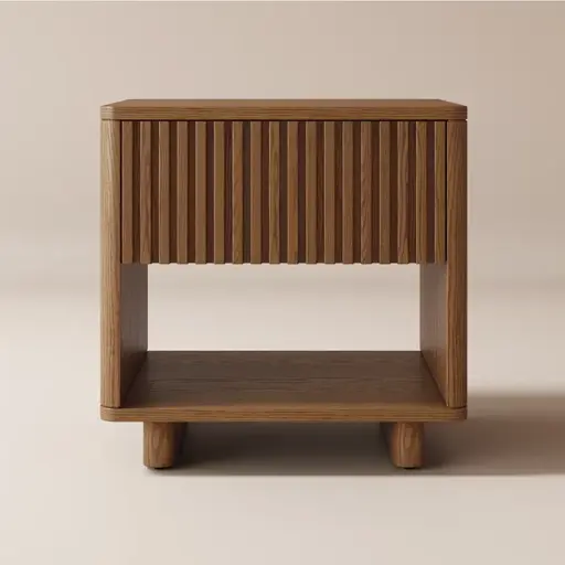 A wooden nightstand with vertical slats on its drawer front and an open lower shelf, set against a neutral background.