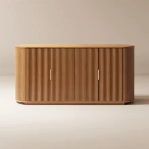 Wooden oval-shaped cabinet with vertical slats and two round handles on a light background.