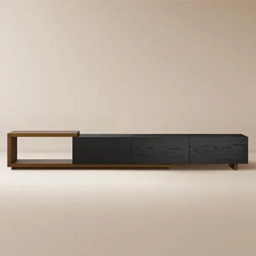 A modern black sideboard with a wooden frame against a beige wall.