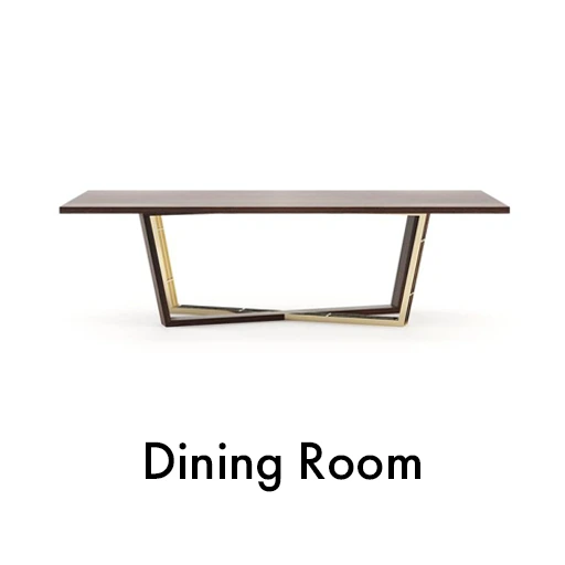 Modern dining table featuring a gold base and wooden top, designed for contemporary dining room aesthetics