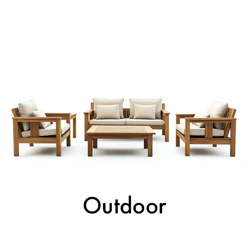 A wooden patio furniture set featuring cushioned seats, designed for outdoor relaxation and dining