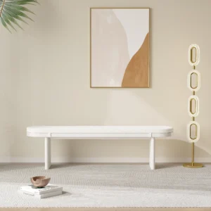 Contemporary Genii Dining Bench upholstered in white bouclé fabric with removable cushion cover