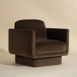 Elston Lounge Chair in Meg Taupe with U-shaped arms and squared base for sculptural comfort.