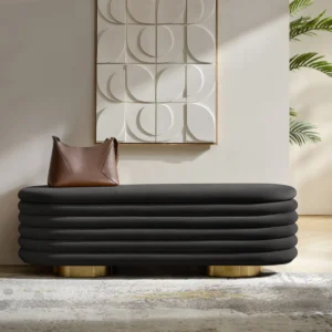Modern upholstered bench with layered design and gold legs