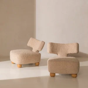 modern boucle armchair with wooden legs compact taupe boucle accent chair